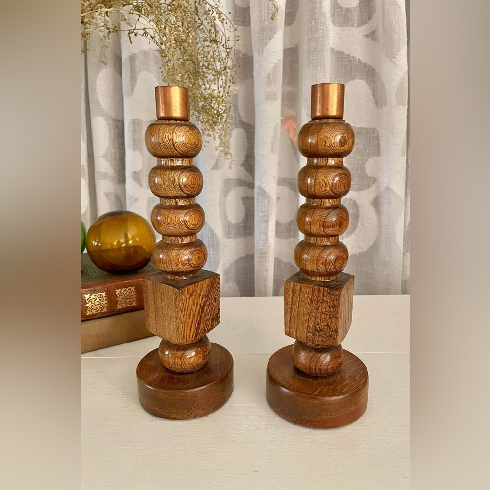 Vintage Turned Wood and Copper Candlestick Holders Rustic Mid Century